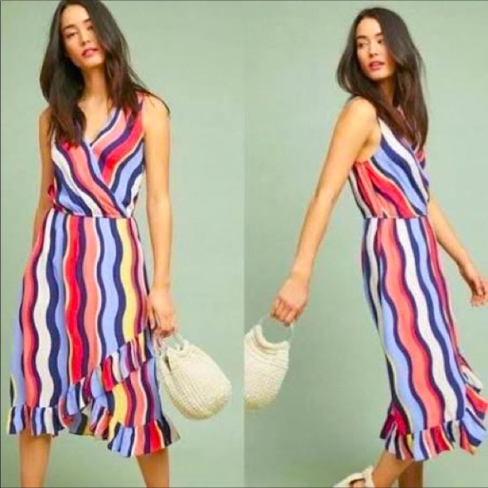 EUC Anthropologie Plenty by Tracy Reese Daphne Strip Faux Wrap Ruffle High Lo